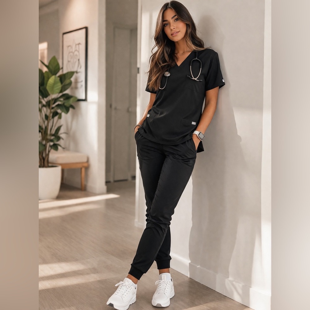 FIGS Scrub Set Black XL Top XLP Jogger Pants Medical Uniform - Picture 2 of 9